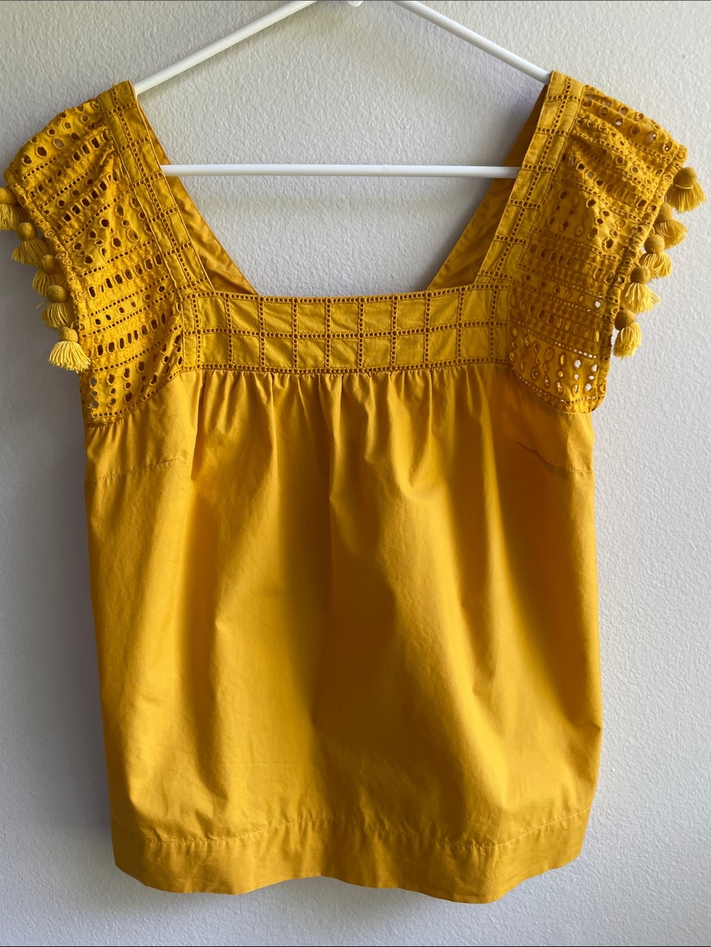 J. Crew Mustard Yellow Eyelet Square-Neck Tank with Pom Trim